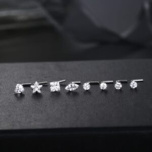 MILACOLATO 8Pcs 20G Sterling Silver Nose Rings Studs for Women Men Star Marquise Heart Square Round Shaped CZ Nose Stud L Shape Nose Ring Body Piercing Jewelry