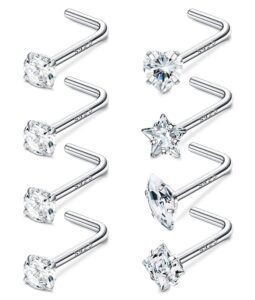 milacolato 8pcs 20g sterling silver nose rings studs for women men star marquise heart square round shaped cz nose stud l shape nose ring body piercing jewelry