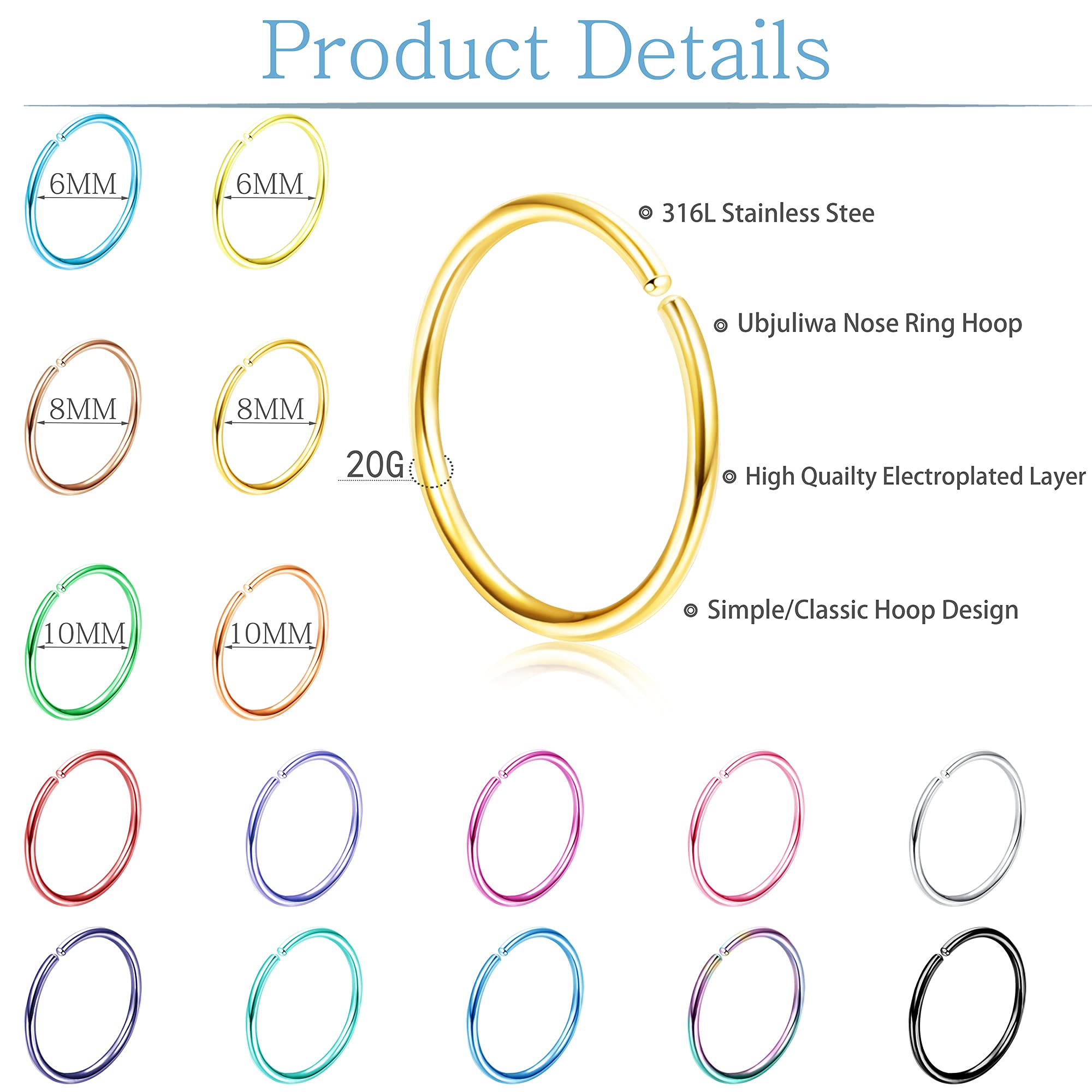 Ubjuliwa 48Pcs 20G Nose Rings Hoop for Women Men 316L Stainless Steel Helix Tragus Piercing Lip Septum Rings Cartilage Earring Hoop Piercing Jewelry