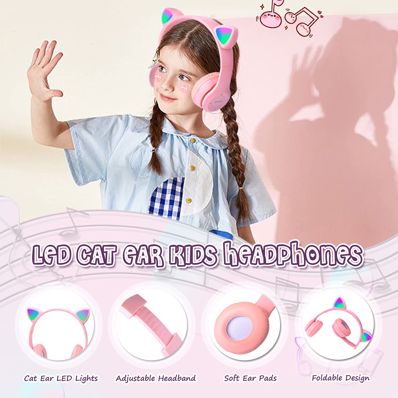 Pink Headphones for Kids, Megedream Cat Ear Led Light Up Kids Headphones Wiressless, 3.5mm Jack Wired, TF Card 3 in 1 Headset for Kids/School/iPad/Kids Tablet/Travel - Foldable Over