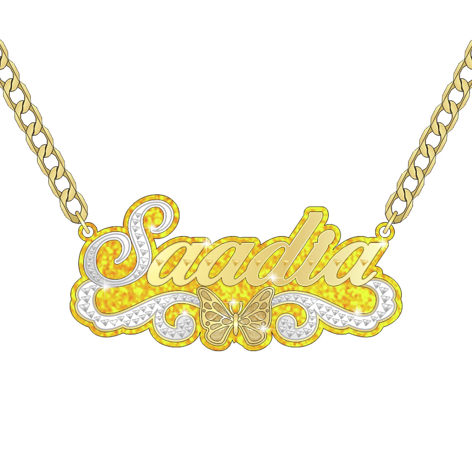 Personalized Butterfly Nameplate Necklace 18k Double Plate Custom with Any Name Letter Yellow Acrylic Board Dazzling and Stunning Gold Name Jewelry for Women Gift