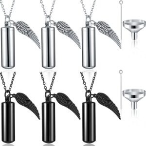 mtlee urn necklace for ashes cremation jewelry for ashes, 6 pieces stainless steel cremation jewelry for women men, memorial necklace angel keepsake cylinder pendant with filling kit (black, silver)