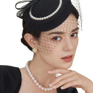 BABEYOND Veil Fascinator Hat for Women Tea Party Kentucky Derby Fascinator Hat Pillbox Hat Feather Fascinator with Pearl (Black)