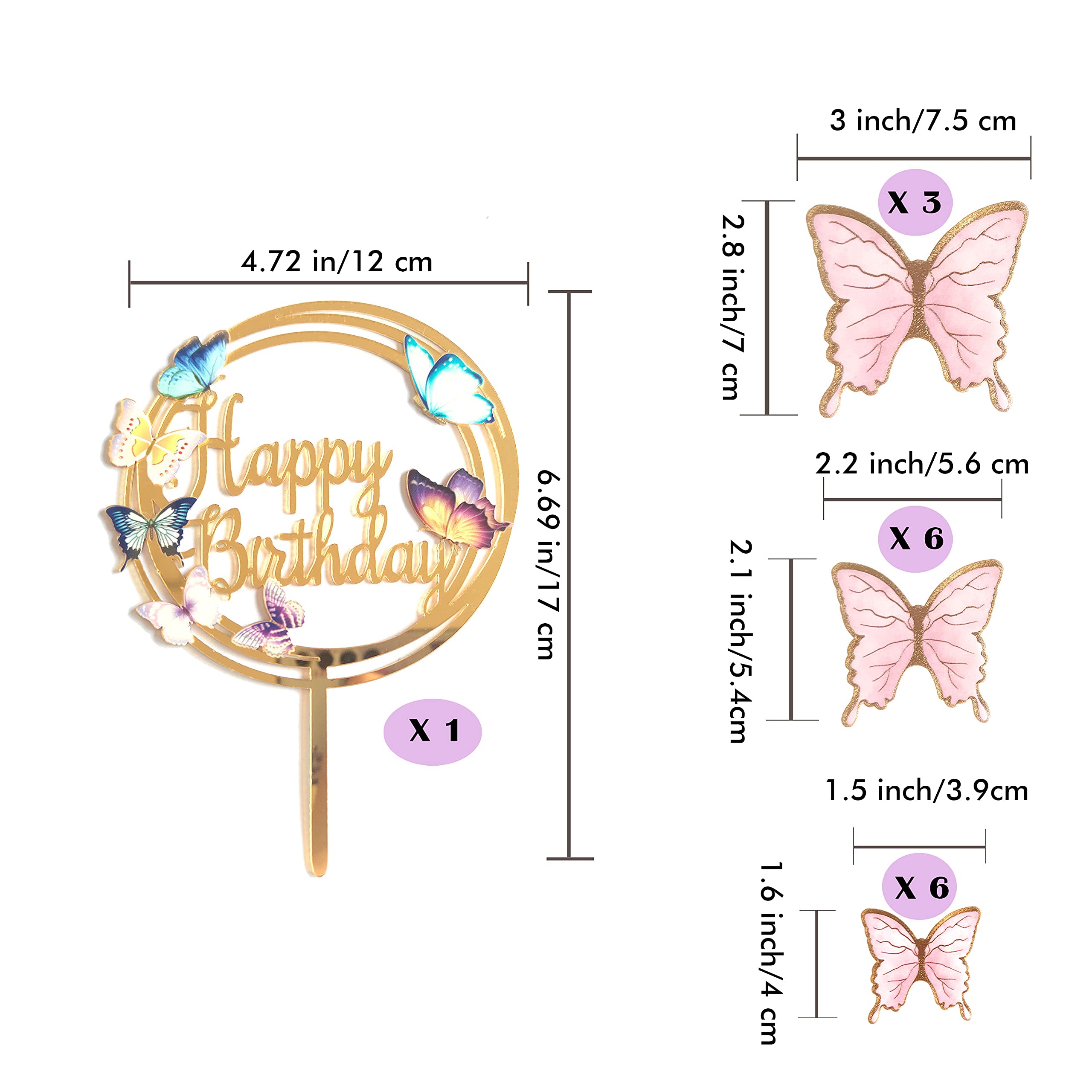 Butterfly Cake Toppers Decorations - 1 Big Happy Birthday Cake Topper & 15Pcs 3D Pink Gold Cupcake Toppers - Party Supplies for Decorating Baby Shower Girl's Birthday