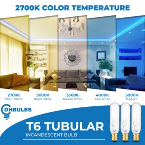 OhLectric Clear T6 Tubular Incandescent Light Bulb - 25 Watt Dimmable Bulb with E12 Candelabra Base - Warm White Color, Pack of 12