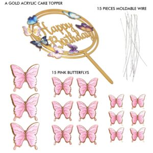 Butterfly Cake Toppers Decorations - 1 Big Happy Birthday Cake Topper & 15Pcs 3D Pink Gold Cupcake Toppers - Party Supplies for Decorating Baby Shower Girl's Birthday