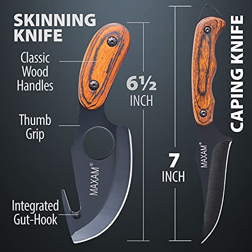 Maxam Fixed Blade Hunting Knife Set – Full Tang - 6 Inch Skinning Knife & 7 Inch Caping Knife -Includes Sheath - 2-Pieces