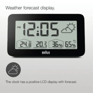 Braun Digital Weather Station Clock with Indoor and Outdoor Temperature and Humidity, Forecast, LCD Display, Quick-Set, Crescendo beep Alarm in Black, Model BC13BP.