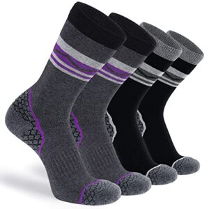 cs celersport 4 pack women's merino wool crew hiking socks with cushion warm thermal winter boot athletic socks, black + purple, small