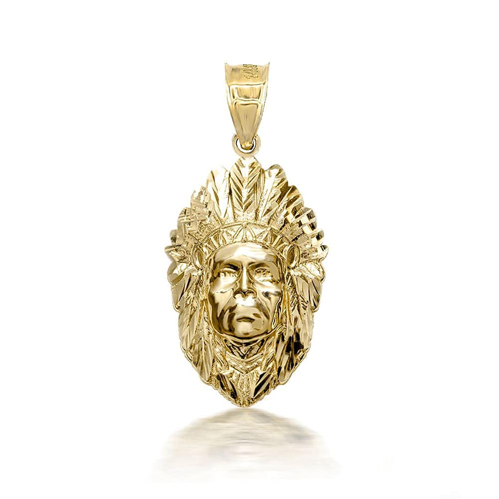 Sideways Crosses Elegant 10k Yellow Gold Native American Chief Head Pendant