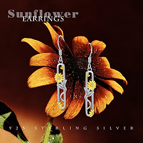 Sunflower Dangle Earrings, 925 Sterling Silver Rectangle Vine Sunflower Drop Earrings,You Are My Sunshine Leverback Earrings Dainty Sunflower Jewelry Gift for Women