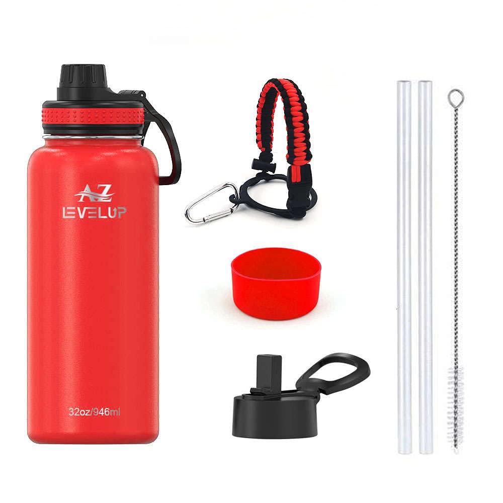 AZ LEVELUP 32oz Stainless Steel Water Bottle with Straw & Spout lids, Vacuum Insulated Sport Thermos,Hot 12hrs & Cold 24 hrs Double Walled Flasks with Paracord and Silicone boot, Hiking, Camping- Red