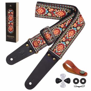 nefelibata guitar strap, embroidered cotton guitar straps with head cowhide leather ends for bass, electric & acoustic guitars, with free strap button, 1 pair strap locks and 4 guitar picks (saffron)