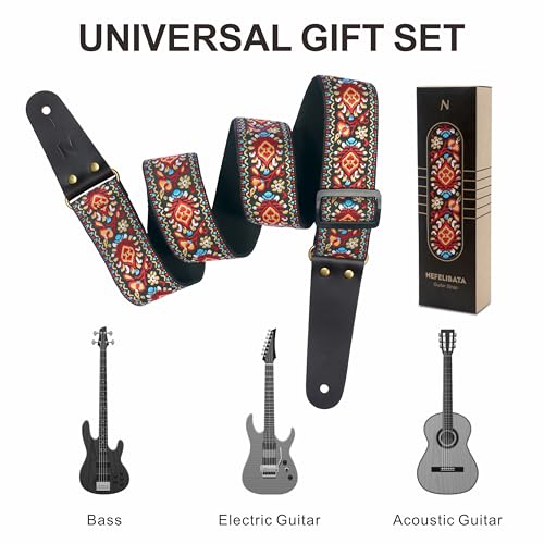 Nefelibata Guitar Strap, Embroidered Cotton Guitar Straps with Head Cowhide Leather Ends for Bass, Electric & Acoustic Guitars, with Free Strap Button, 1 Pair Strap Locks and 4 Guitar Picks (Saffron)