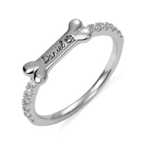 handmadejewelry personalized bone shape name ring pet dainty ring with cubic zirconia engraved puppy dog cat pet lover custom gifts for men women girls (dog bone)