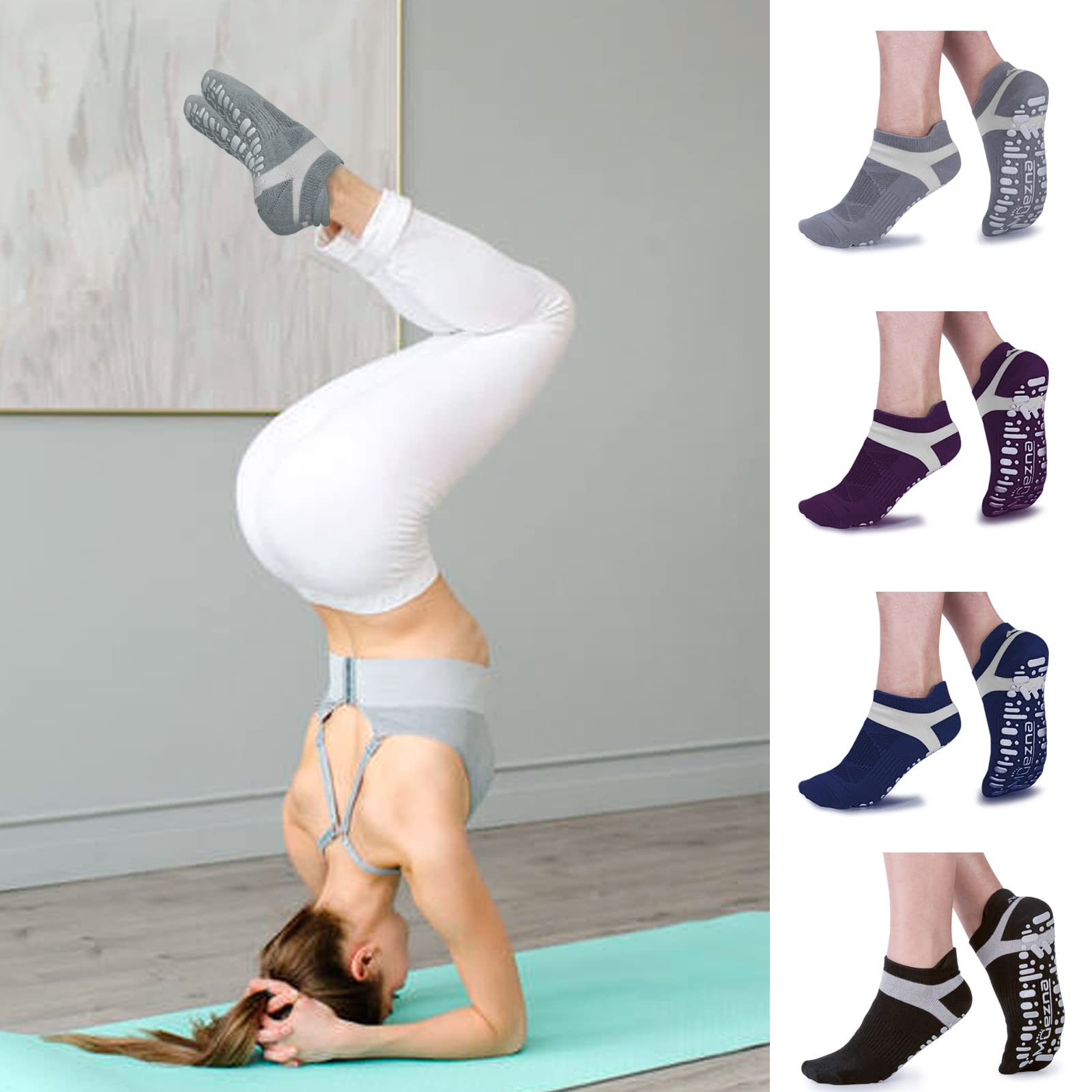 Muezna Non Slip Yoga Socks for Women, Anti-Skid Pilates, Barre, Hospital Socks with Grips, Size 5-10