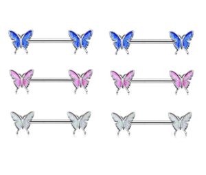 3 pcs set butterfly nipple barbell 14g colorful charming nipple piercing animals jewelry nipple ring bar body piercing jewelry for women - 6pcs