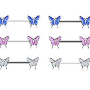 3 Pcs Set Butterfly Nipple Barbell 14g Colorful Charming Nipple Piercing Animals Jewelry Nipple Ring Bar Body Piercing Jewelry for Women - 6pcs