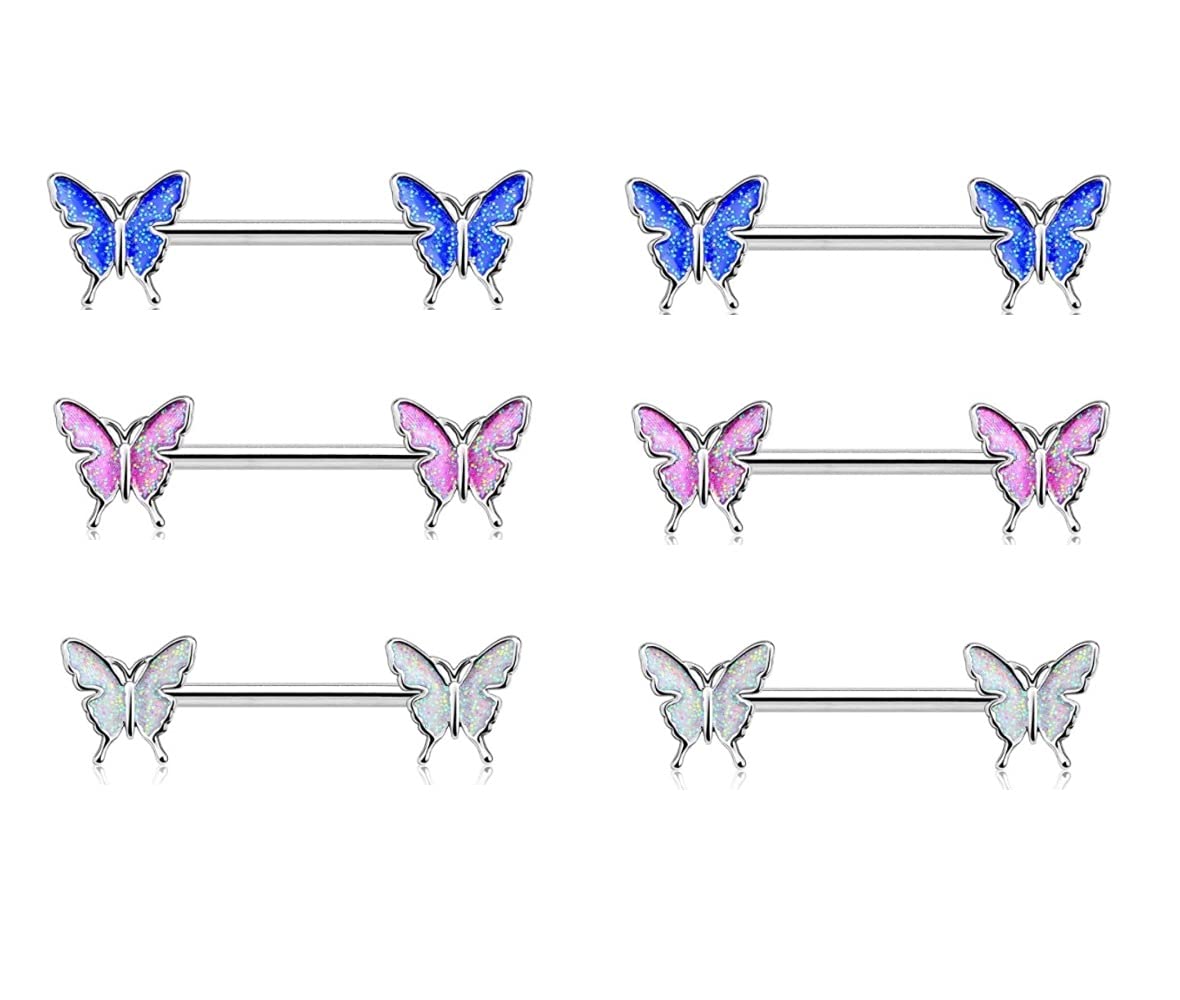 3 Pcs Set Butterfly Nipple Barbell 14g Colorful Charming Nipple Piercing Animals Jewelry Nipple Ring Bar Body Piercing Jewelry for Women - 6pcs