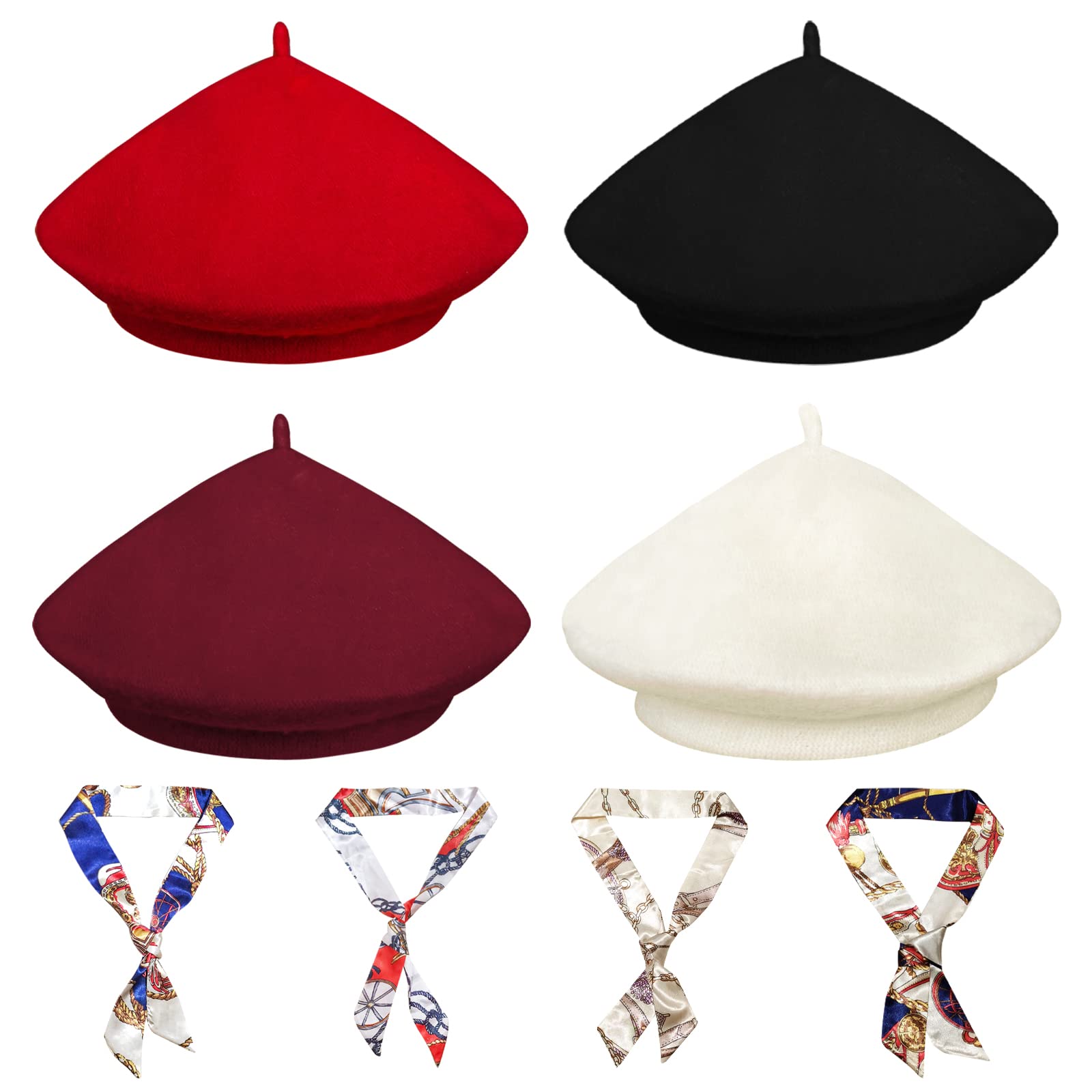 4 Sets Wool Beret Hat French Style Beanie Hats with Silky Neck Scarf Fashion Beret Caps for Women Girls Lady