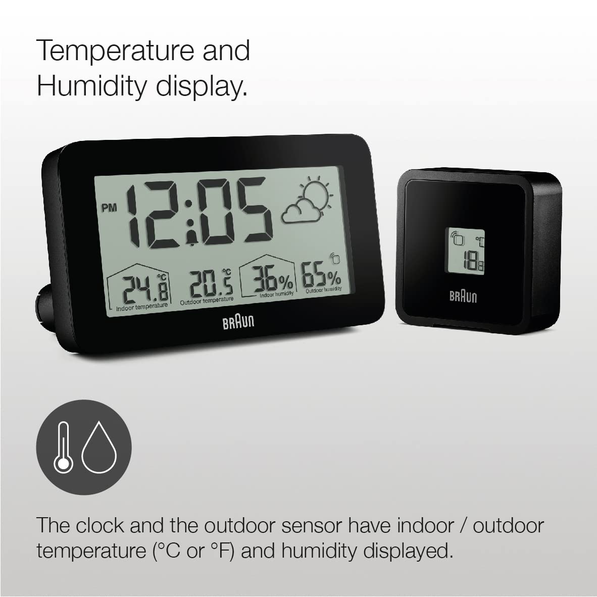 Braun Digital Weather Station Clock with Indoor and Outdoor Temperature and Humidity, Forecast, LCD Display, Quick-Set, Crescendo beep Alarm in Black, Model BC13BP.