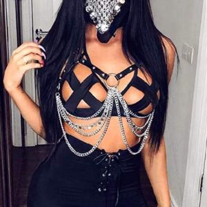 Punk Layered Sexy Chest Chains Silver Leather Body Chains Ring Rave Harness Chain Body Chain Jewelry for Women