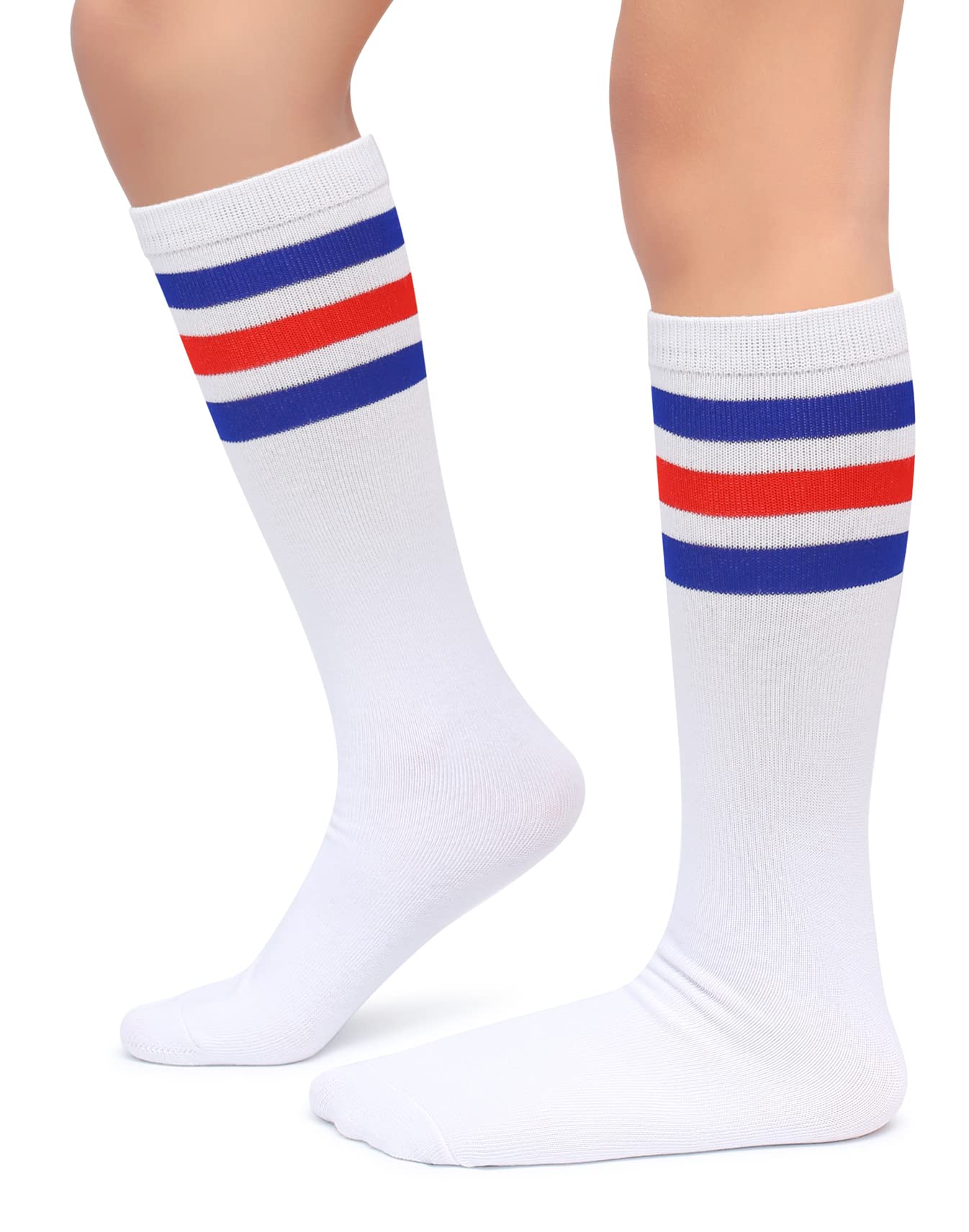 Henwarry Kids Toddler Soccer Socks Classical Stripes Cotton Soft Over the Calf Tube Socks for Boys Girls (A03-Blue/Red/White)