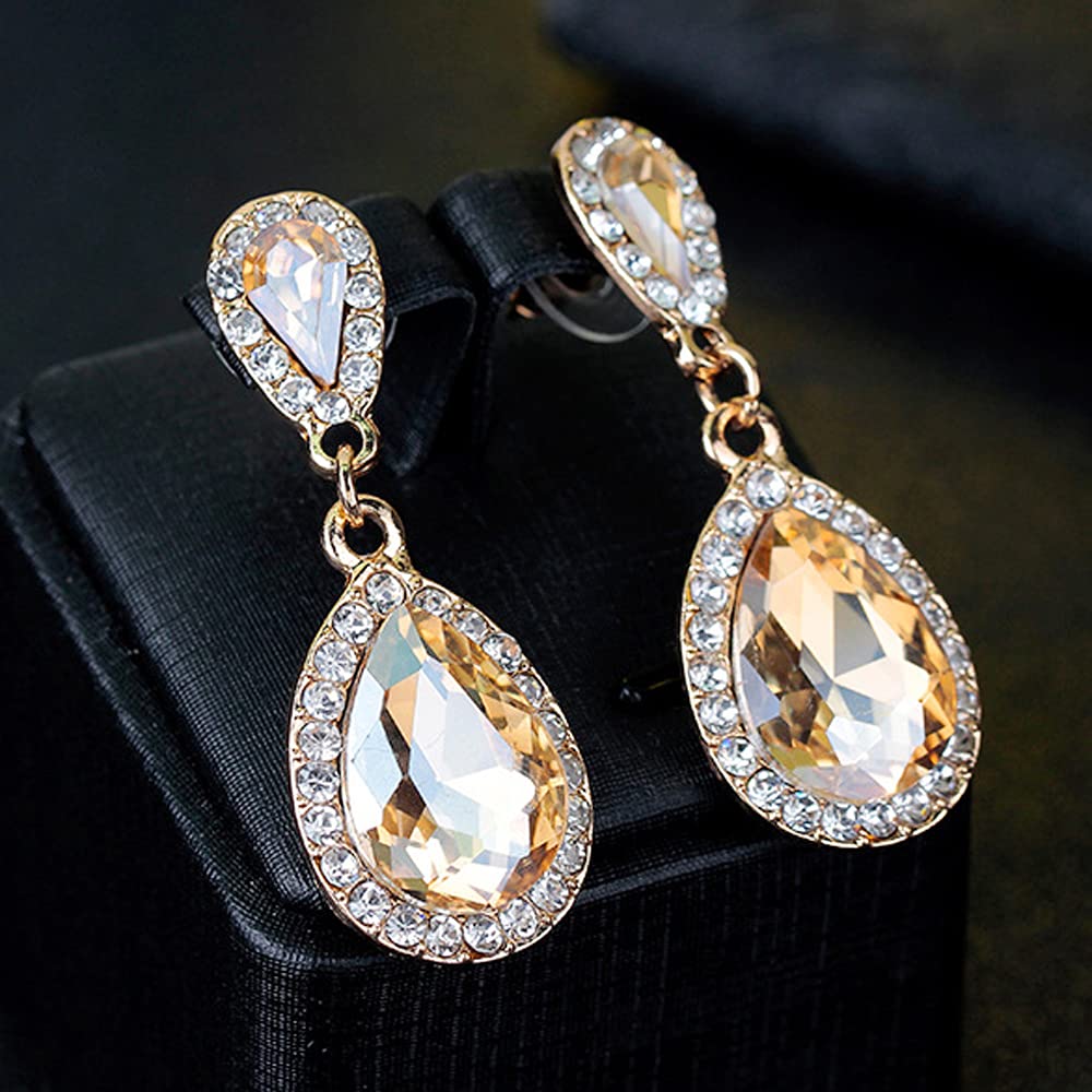 JWICOS Champagne Women Pear Shape Crystal Teardrop Earrings for Brides and Bridesmaids Wedding Trendy Unique Vintage Earrings for Prom or Party