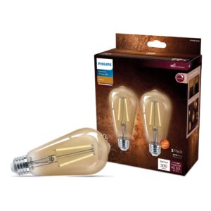 philips led vintage flicker-free amber straight st19 dimmable, eyecomfort technology, 300 lumen, amber light(2000k), 4.4w=40w, title 20 certified, e26 base, 2-pack, (564849)