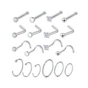 18PCS L Shaped Nose Studs, Surgical Steel Nose Piercing Jewelry, Nose Screw Pack, Endless Hoop Nose Rings for Women and Men, Body Jewelry Set with 6mm 8mm 10mm Hoops