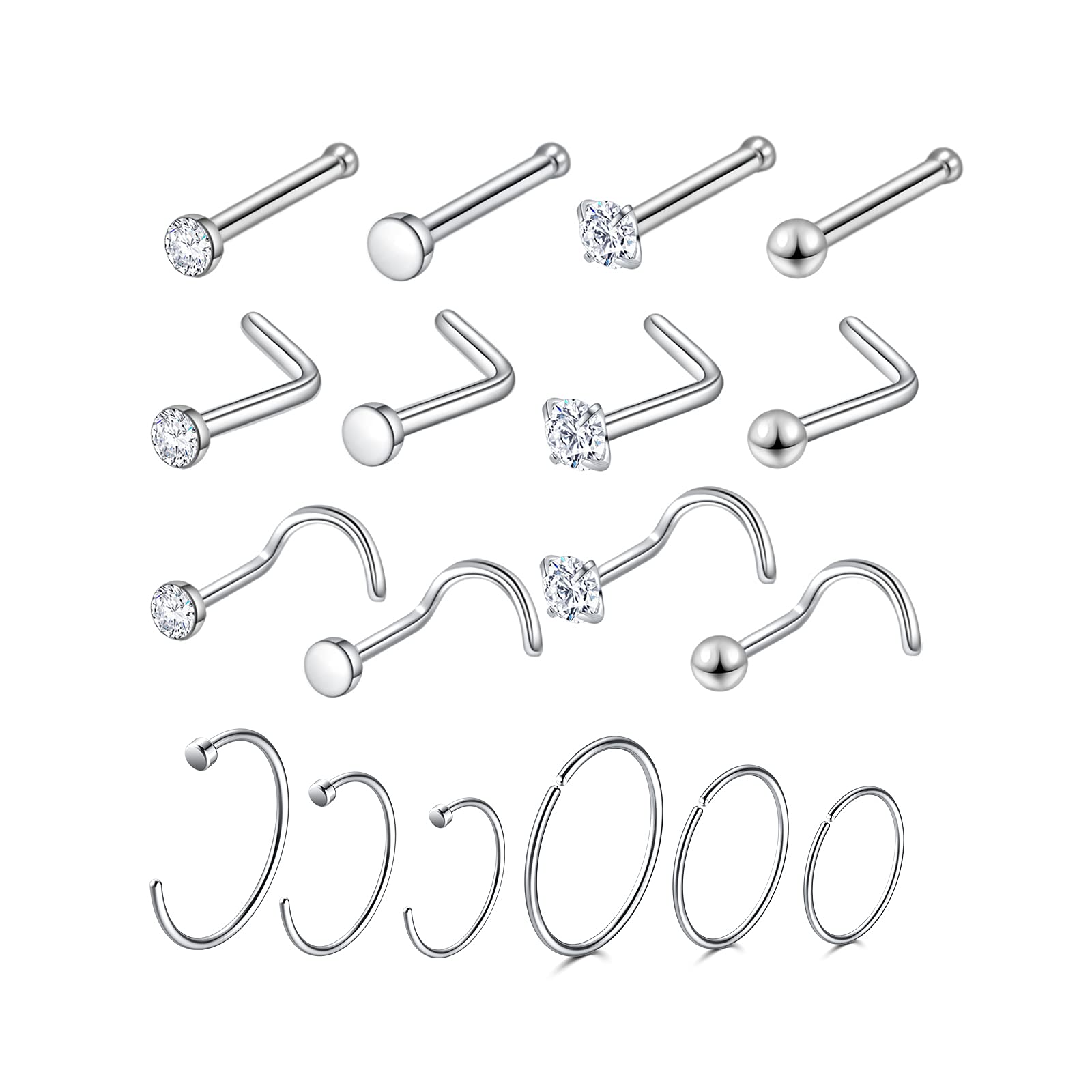 18PCS L Shaped Nose Studs, Surgical Steel Nose Piercing Jewelry, Nose Screw Pack, Endless Hoop Nose Rings for Women and Men, Body Jewelry Set with 6mm 8mm 10mm Hoops