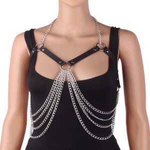 Punk Layered Sexy Chest Chains Silver Leather Body Chains Ring Rave Harness Chain Body Chain Jewelry for Women