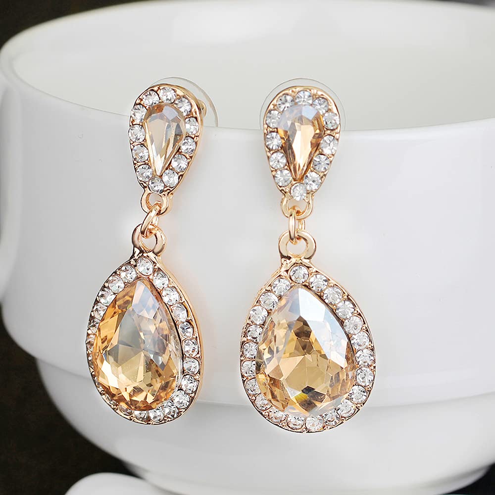 JWICOS Champagne Women Pear Shape Crystal Teardrop Earrings for Brides and Bridesmaids Wedding Trendy Unique Vintage Earrings for Prom or Party