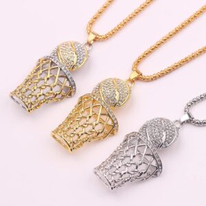 COLORFUL BLING 14k Gold Hiphop Rhinestone Basketball Necklace Punk Basketball Chain Box Pendant Necklace Sports Rock Necklace for Men Women - Silver