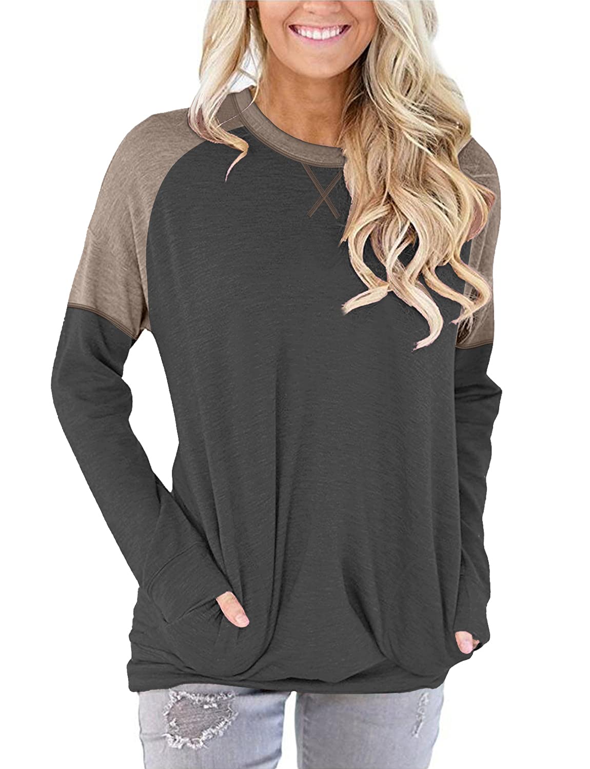 Angerella Tops for Women Cute Color Block Long Sleeve Shirts Basic Lightweight Round Neck Sweatshirt Gray M