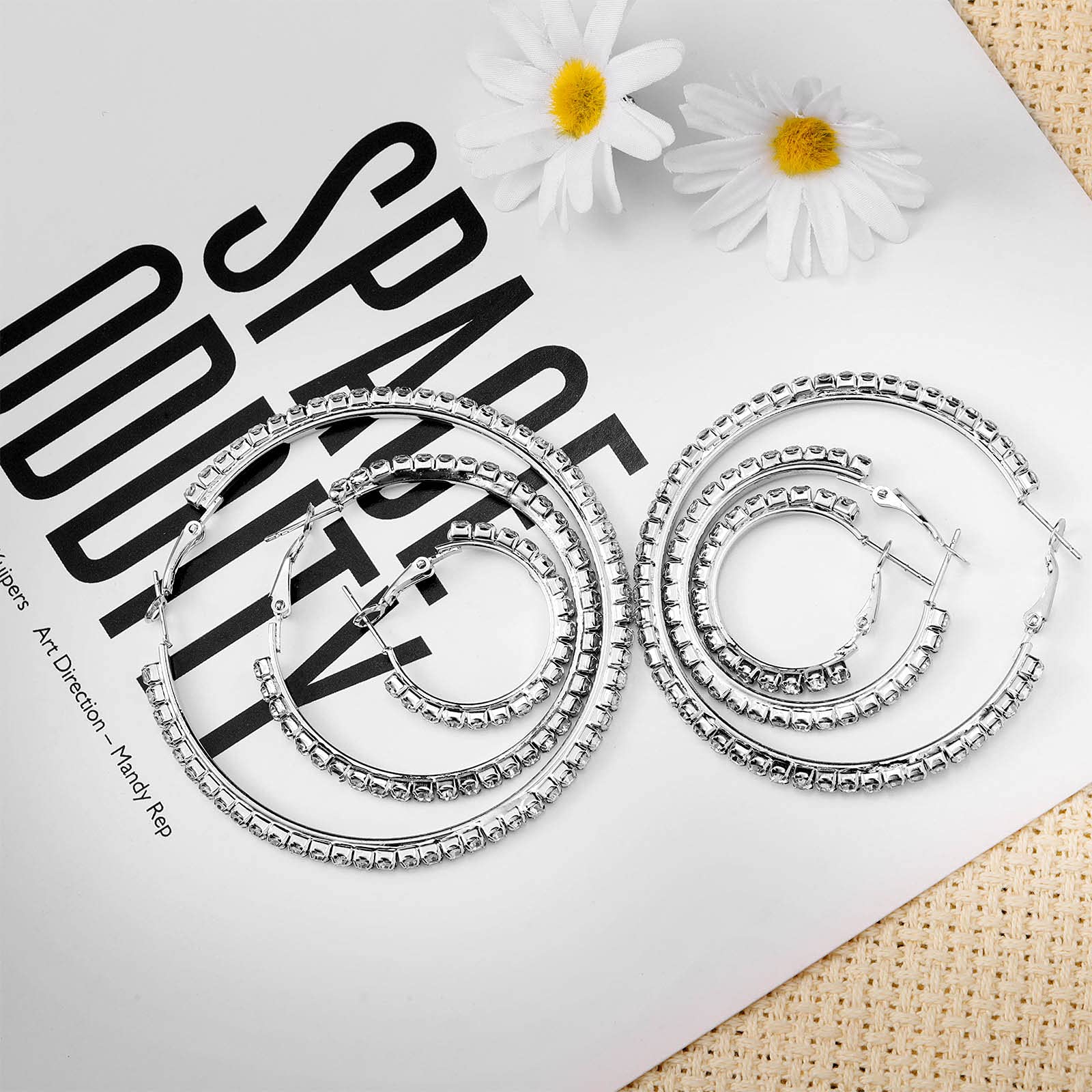 5 Pairs Large Crystal Hoop Earrings Set Big Shiny 3-7 cm Round Party Earrings Lightweight Rhinestone Hoop Earrings for Women Jewelry (Silver)