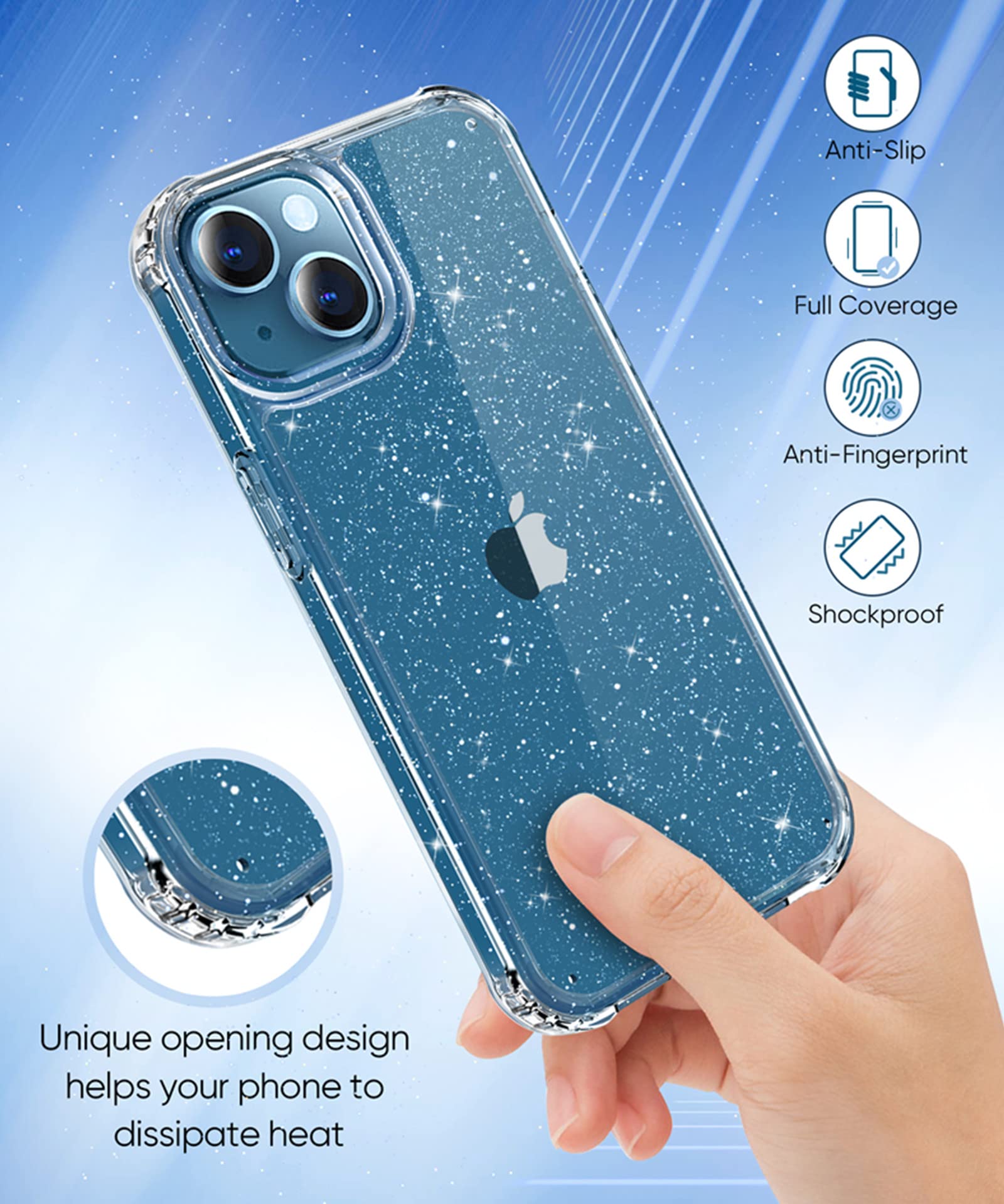 MIODIK for iPhone 13 Case with Screen Protector + Camera Lens Protector, Clear Glitter [Non Yellowing] Shockproof Protective Phone Case, Slim Women Girls iPhone 13 Cover 6.1 inch - Sparkle Clear