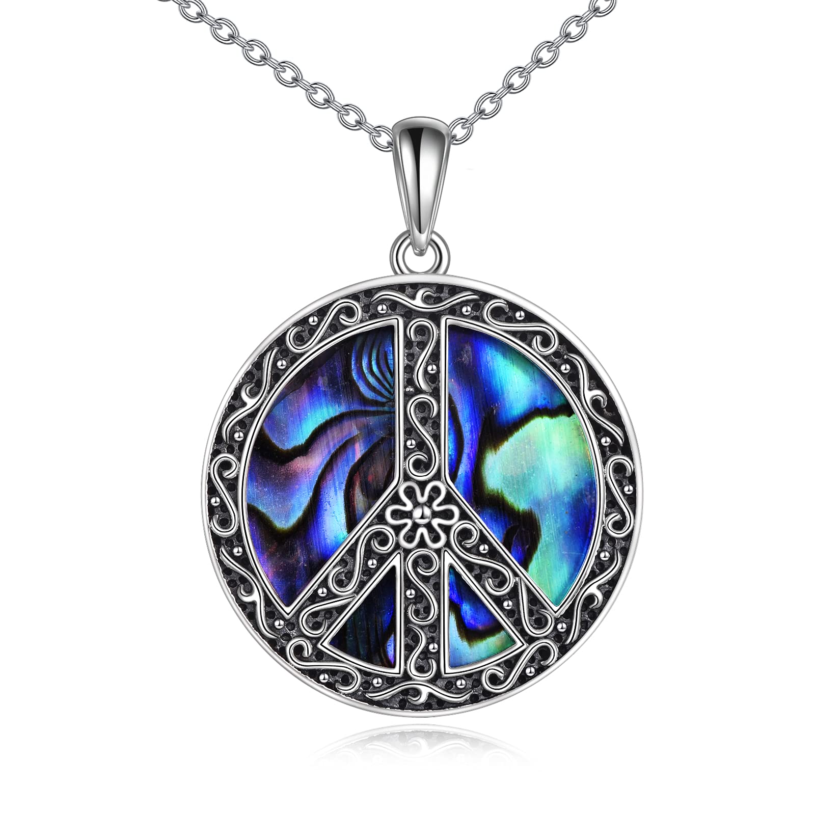 POPLYKE Peace Sign Hippie Pendant Necklace Sterling Silver Abalone Filigree Flower Jewelry For Women