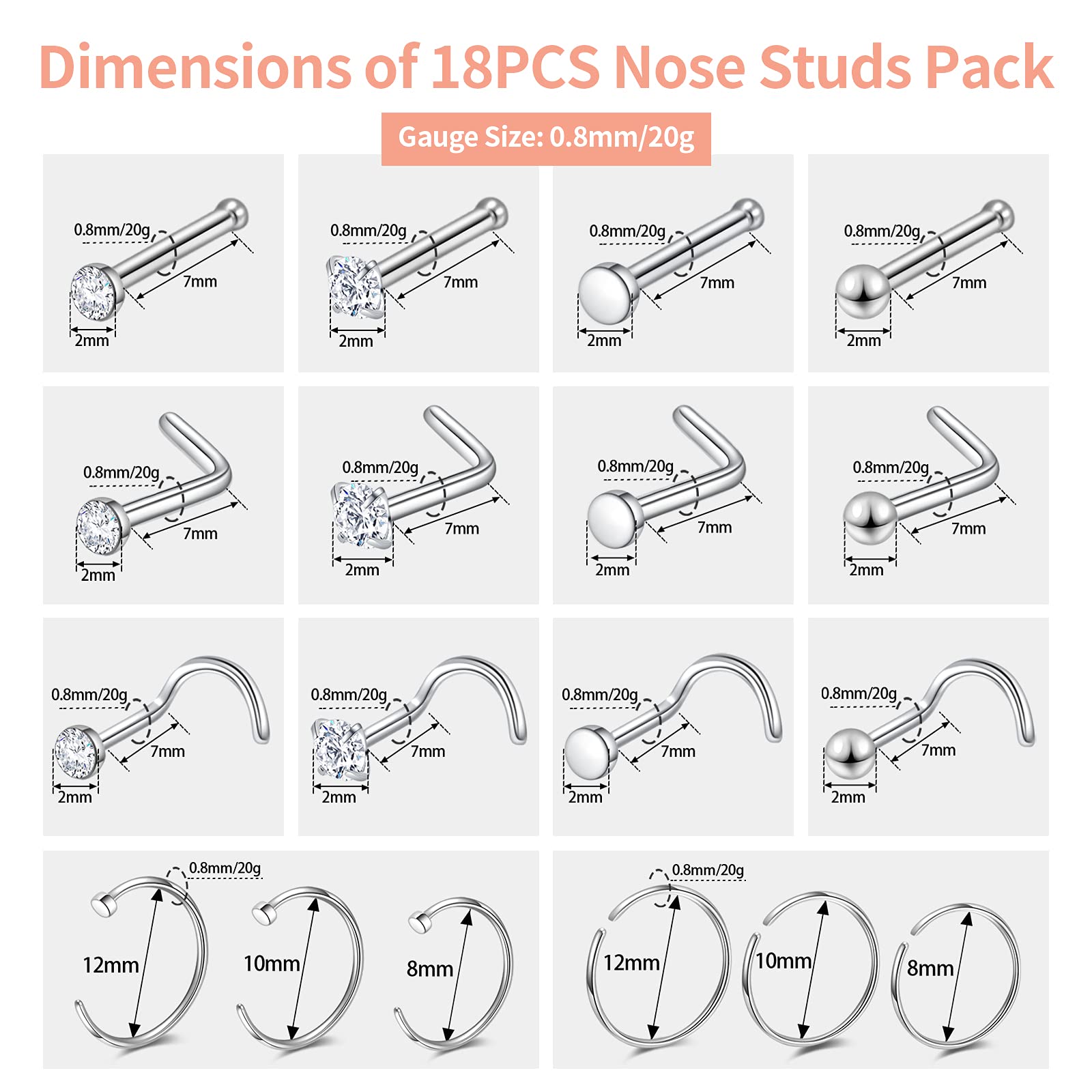 18PCS L Shaped Nose Studs, Surgical Steel Nose Piercing Jewelry, Nose Screw Pack, Endless Hoop Nose Rings for Women and Men, Body Jewelry Set with 6mm 8mm 10mm Hoops