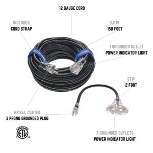 Clear Power Combo Pack 150ft 12/3 SJTW Black Outdoor Extension Cord w/Power Indicator Light & 2ft Black 3-Outlet Adapter w/Power Indicator Light, CP10223