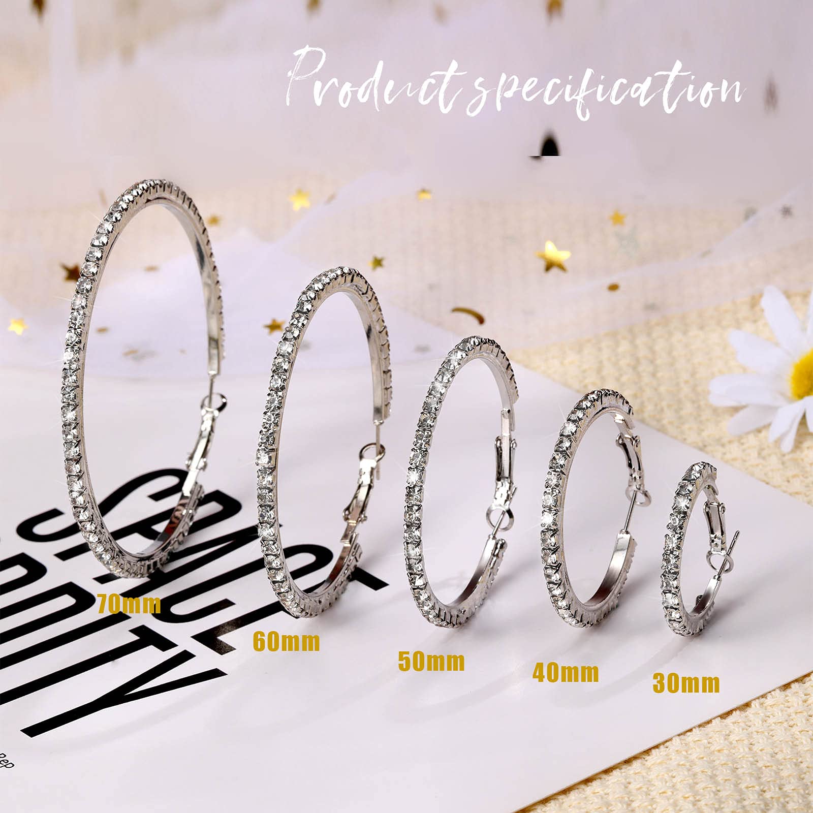 5 Pairs Large Crystal Hoop Earrings Set Big Shiny 3-7 cm Round Party Earrings Lightweight Rhinestone Hoop Earrings for Women Jewelry (Silver)