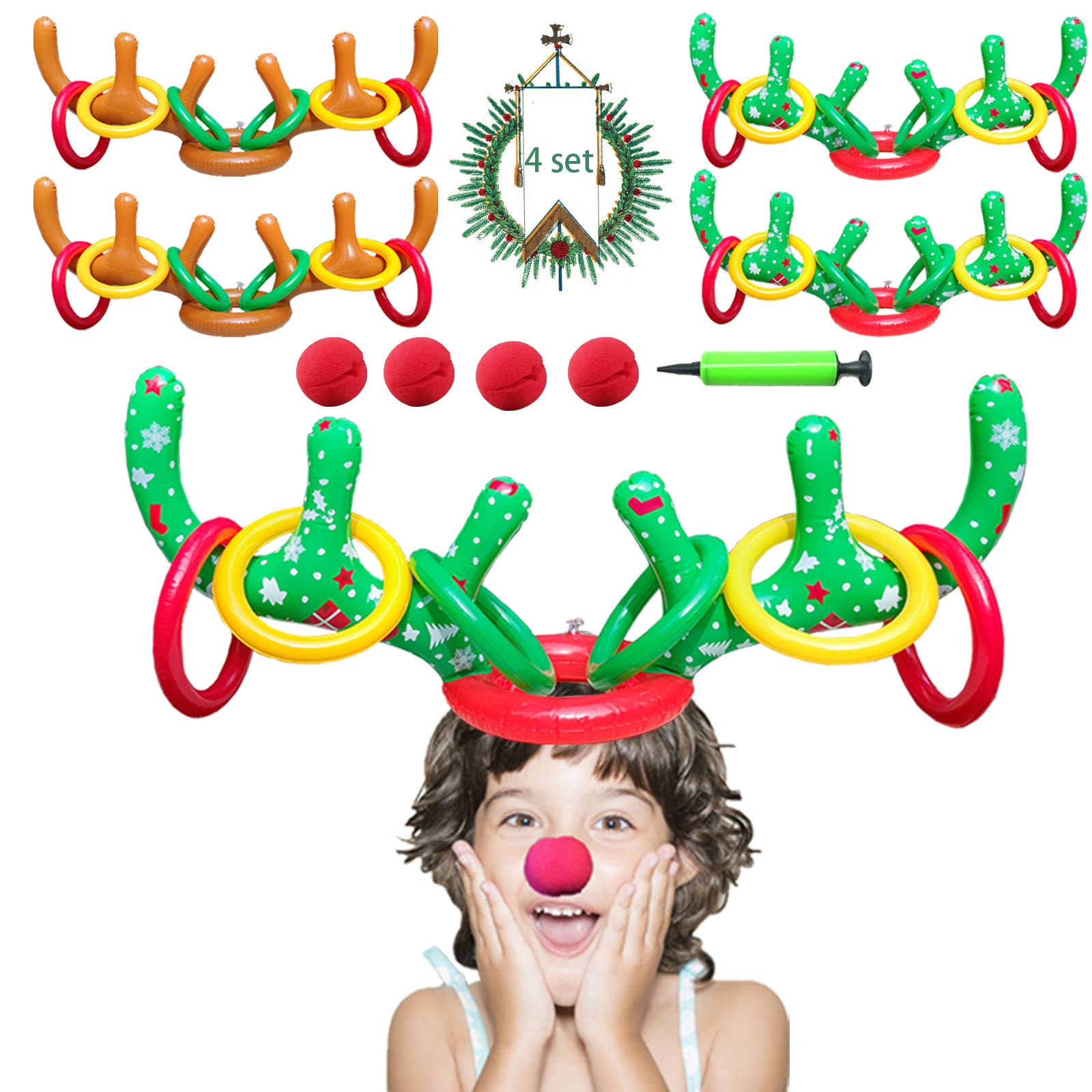 4 Sets Christmas in July Inflatable Reindeer Antler Ring Toss Game School Family Favors Party Gift Supplies Outdoor Indoor Toy (24 Rings with 4 Reindeer Noses)