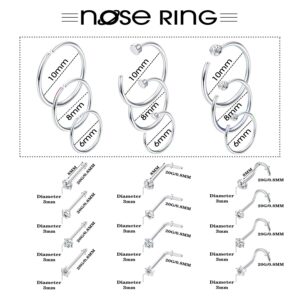 VALDEAS 21Pcs 20G Nose Rings Hoops 316L Stainless Steel Nose Rings for Women Assorted Shapes Cubic Zirconia Nose Studs Set A