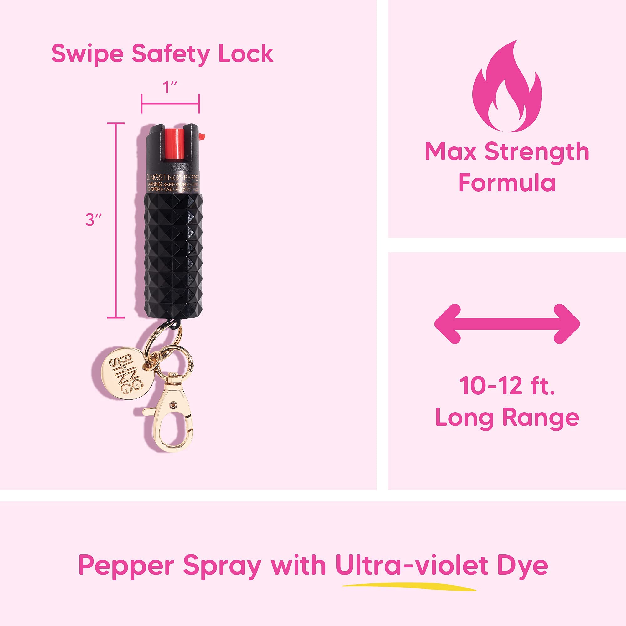 BLINGSTING Pepper Spray Maximum OC Strength Self Defense Spays for Women, 12 ft Spray Range & UV Dye