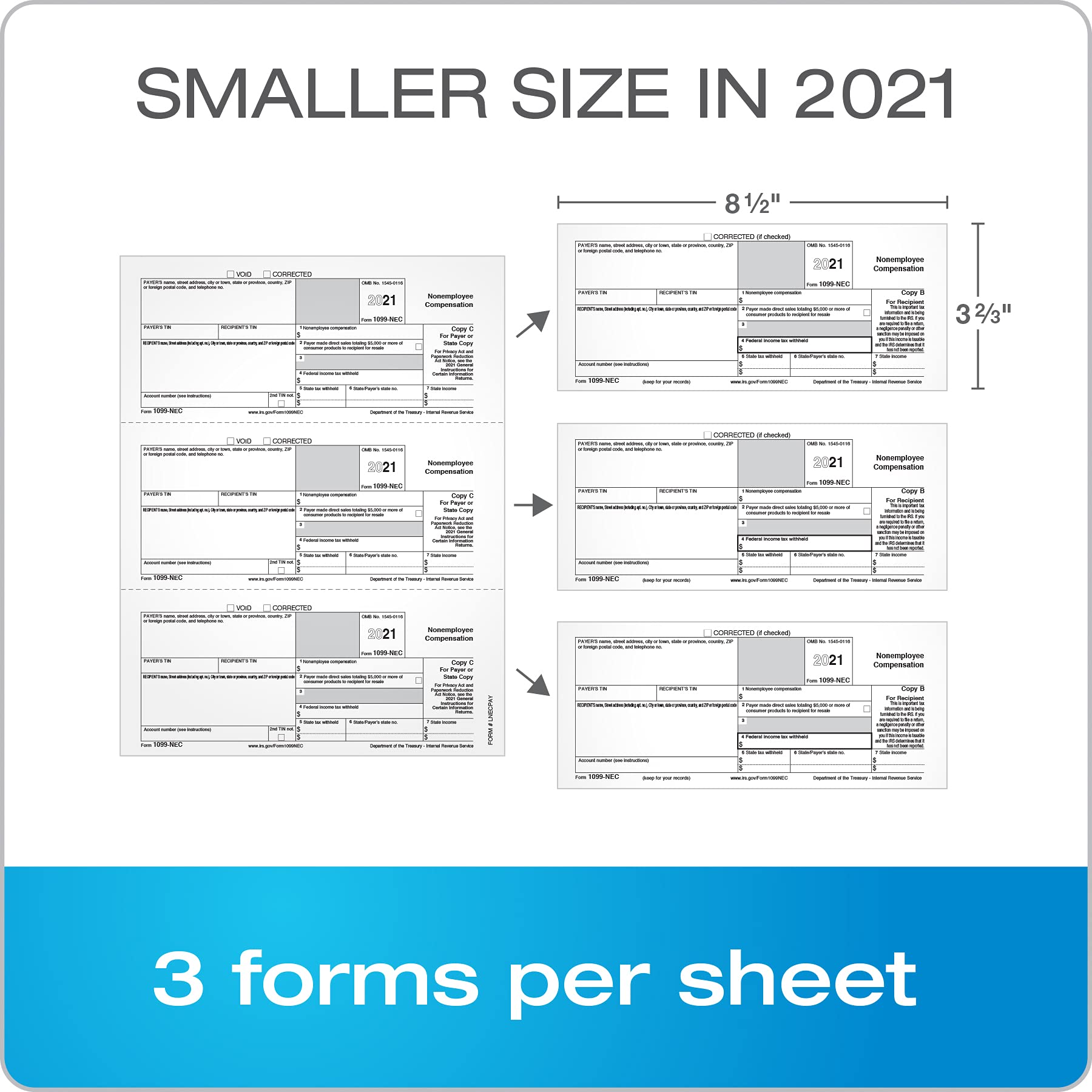 TOPS 1099 NEC 3 Up Forms 2021, Tax Forms Kit for 30 Recipients, 5 Part NEC Tax Form Sets with Self Seal 1099 Envelopes and 3 1096 (TX22905KIT-NE21)