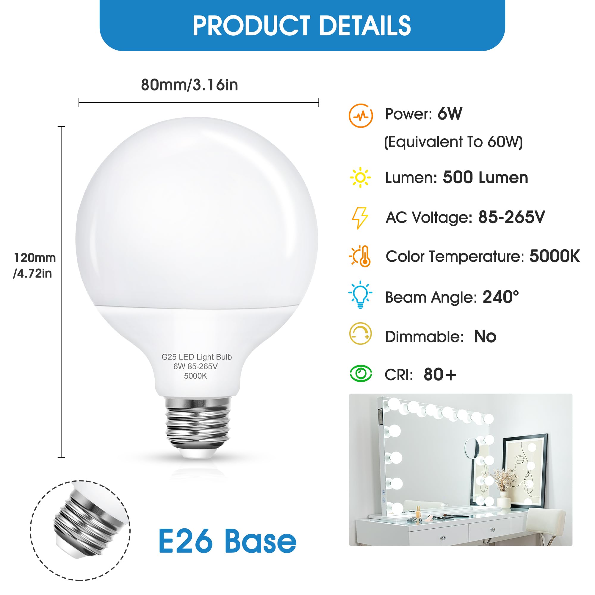 EvaStary G25 LED Globe Bulbs, Vanity Light Bulb for Bathroom Vanity Mirror, 60W LED Light Bulbs Equivalent, Bright 5000K Daylight E26 Base Bulb, 6W LED for Round Makeup Mirror Home Lighting, 6 Pack