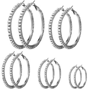 5 Pairs Large Crystal Hoop Earrings Set Big Shiny 3-7 cm Round Party Earrings Lightweight Rhinestone Hoop Earrings for Women Jewelry (Silver)