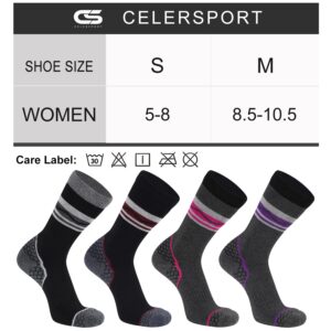 CS CELERSPORT 4 Pack Women's Merino Wool Crew Hiking Socks with Cushion Warm Thermal Winter Boot Athletic Socks for Women, Mixed Color, Small