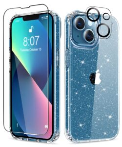 miodik for iphone 13 case with screen protector + camera lens protector, clear glitter [non yellowing] shockproof protective phone case, slim women girls iphone 13 cover 6.1 inch - sparkle clear