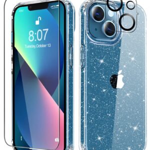 MIODIK for iPhone 13 Case with Screen Protector + Camera Lens Protector, Clear Glitter [Non Yellowing] Shockproof Protective Phone Case, Slim Women Girls iPhone 13 Cover 6.1 inch - Sparkle Clear